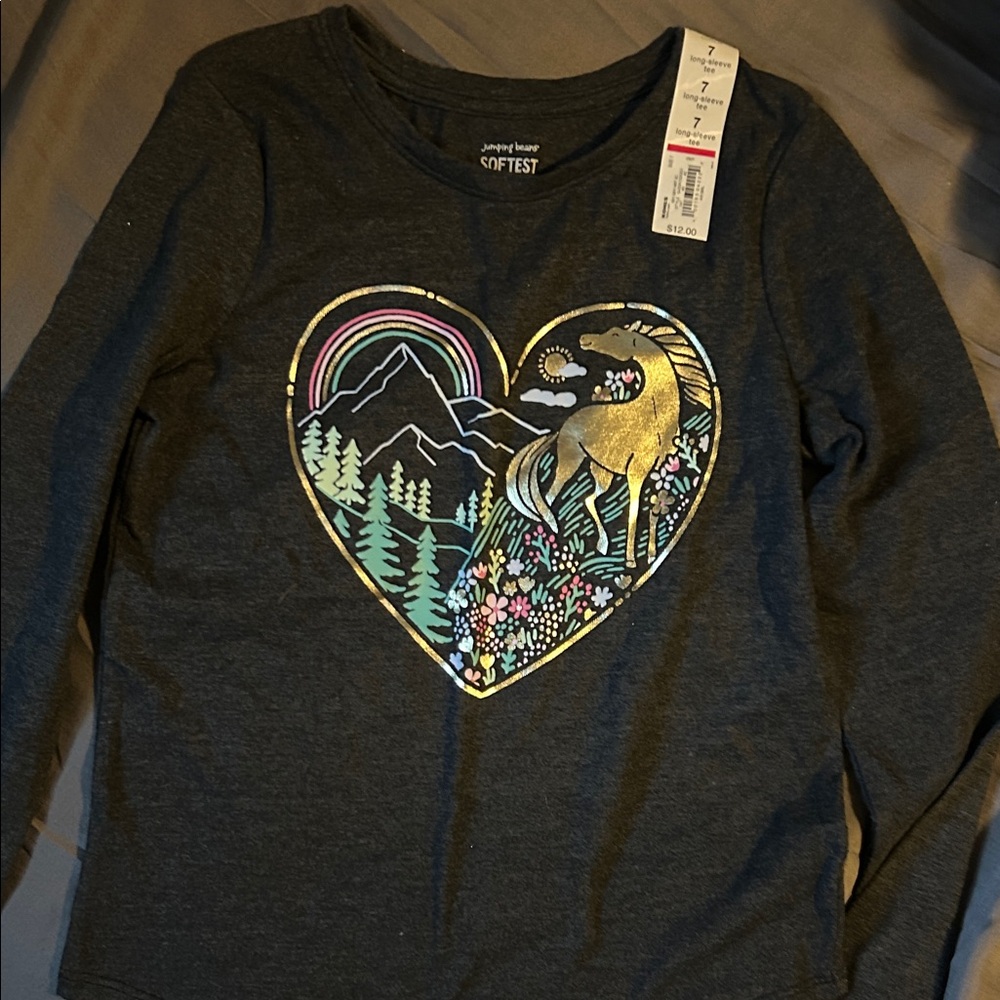 Jumping Beans Charcoal Long Sleeve with Unicorn and Nature Heart NWT
